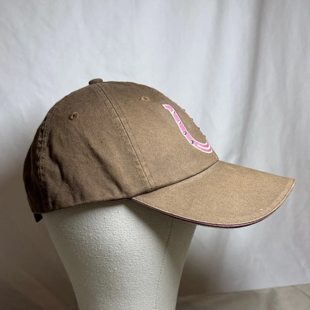 Brown Cotton Cap with Pink Horseshoe Design.